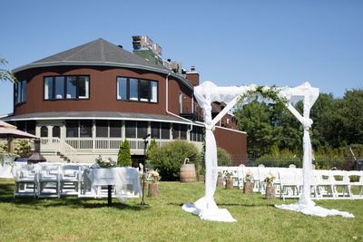 Outdoor wedding and hotel exterior